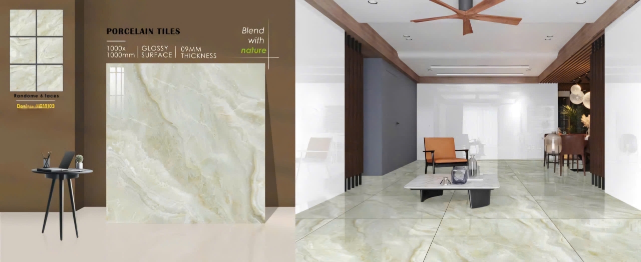 Gạch lát nền 100x100 bóng kiếng ấn độ vân xanh cao cấp | Gạch bán chạy