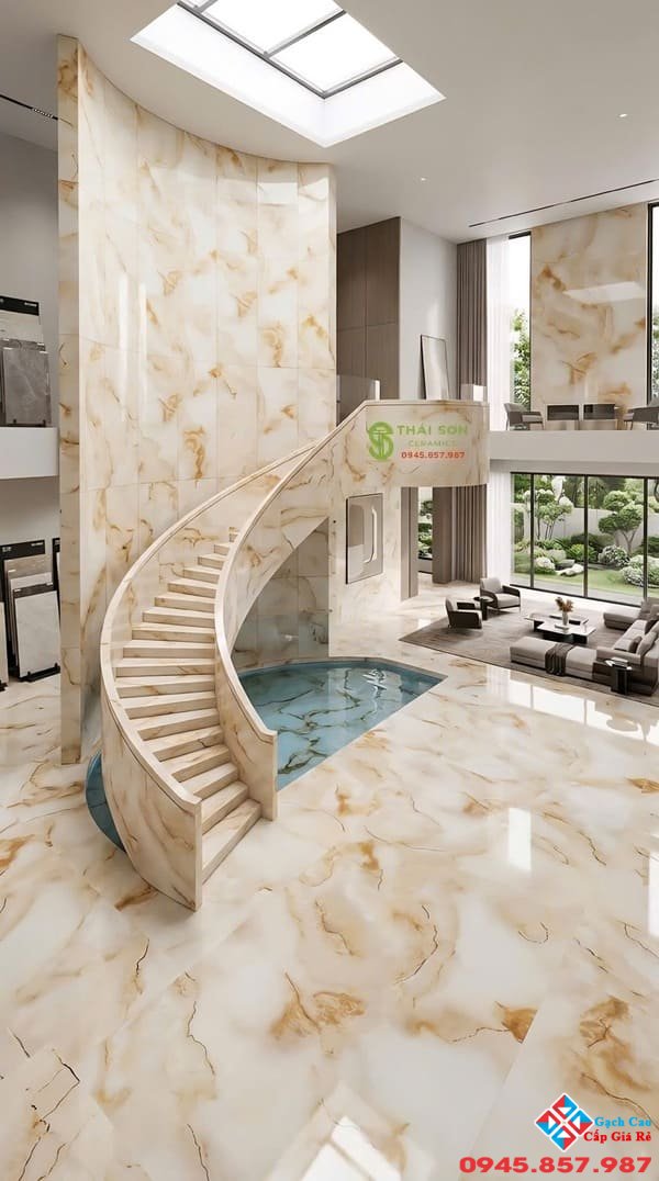 Gạch trung quốc 60x120 lát nền khắc kim màu vàng kem ngọc trai