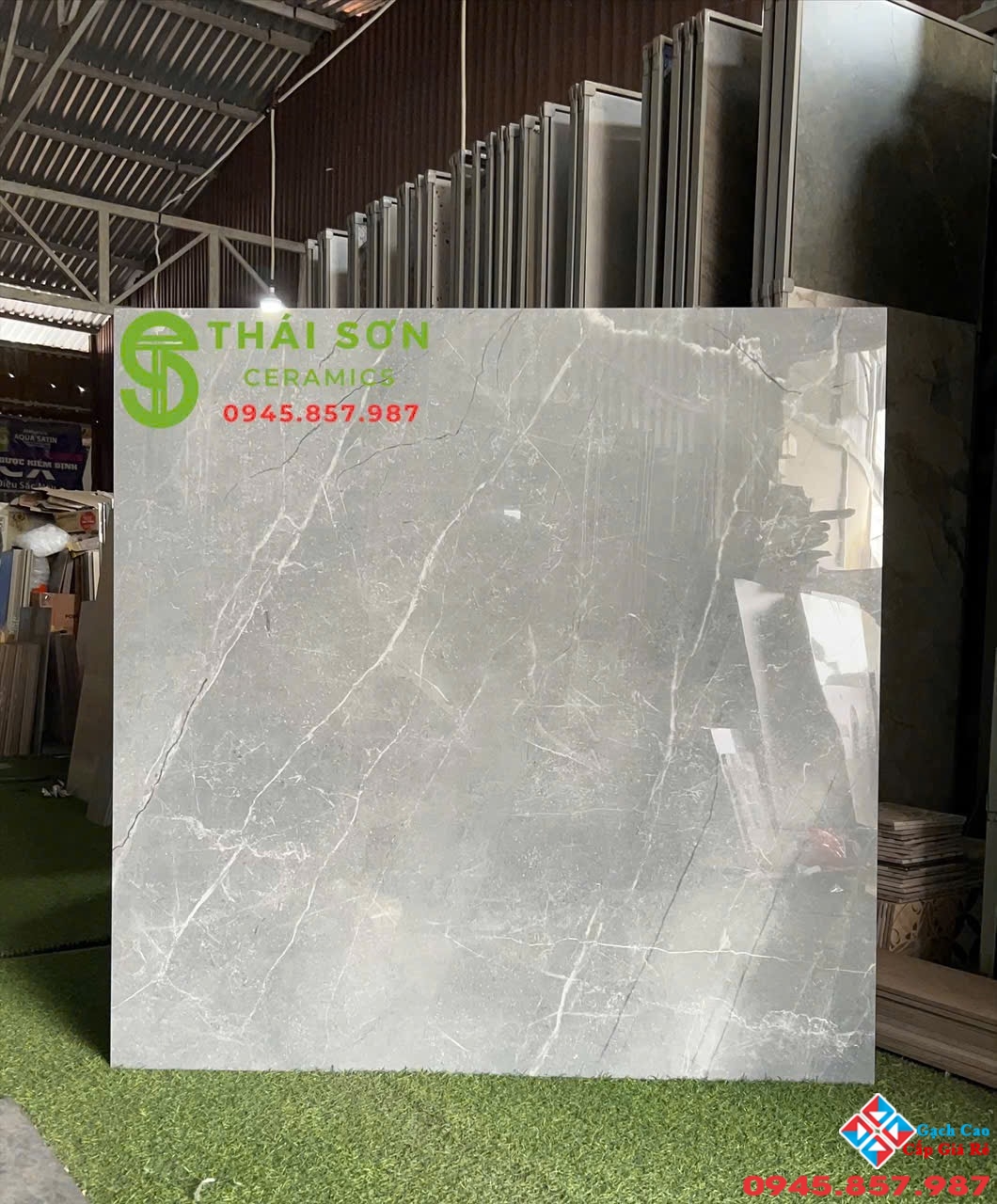 Gạch 120x120 ấn độ bóng kính màu xám xanh vân trắng