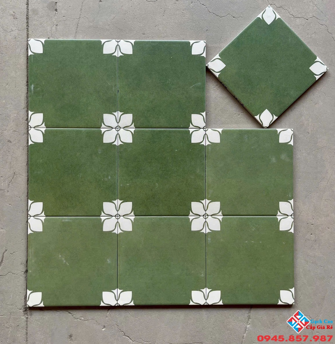 Gạch bông cổ 20x20 màu xanh rêu hoa trắng đẹp