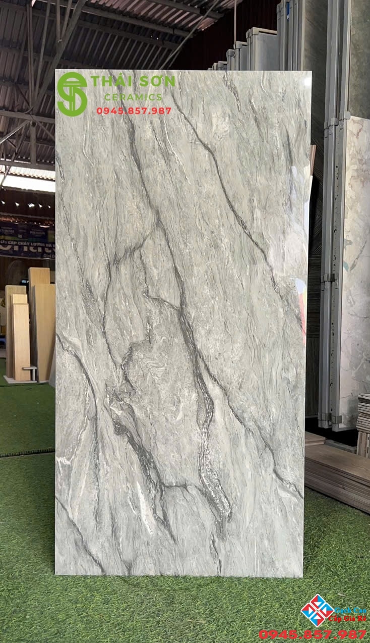 Gạch lát nền 60x120 bóng kiếng ấn độ màu xám đậm vân đá