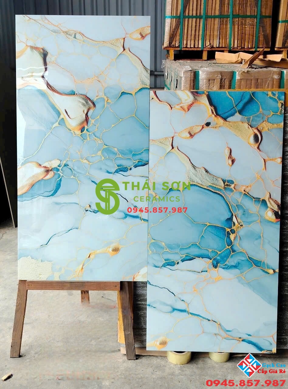 Gạch ấn độ 60x120 bóng kiếng vân xanh nhũ vàng cao cấp