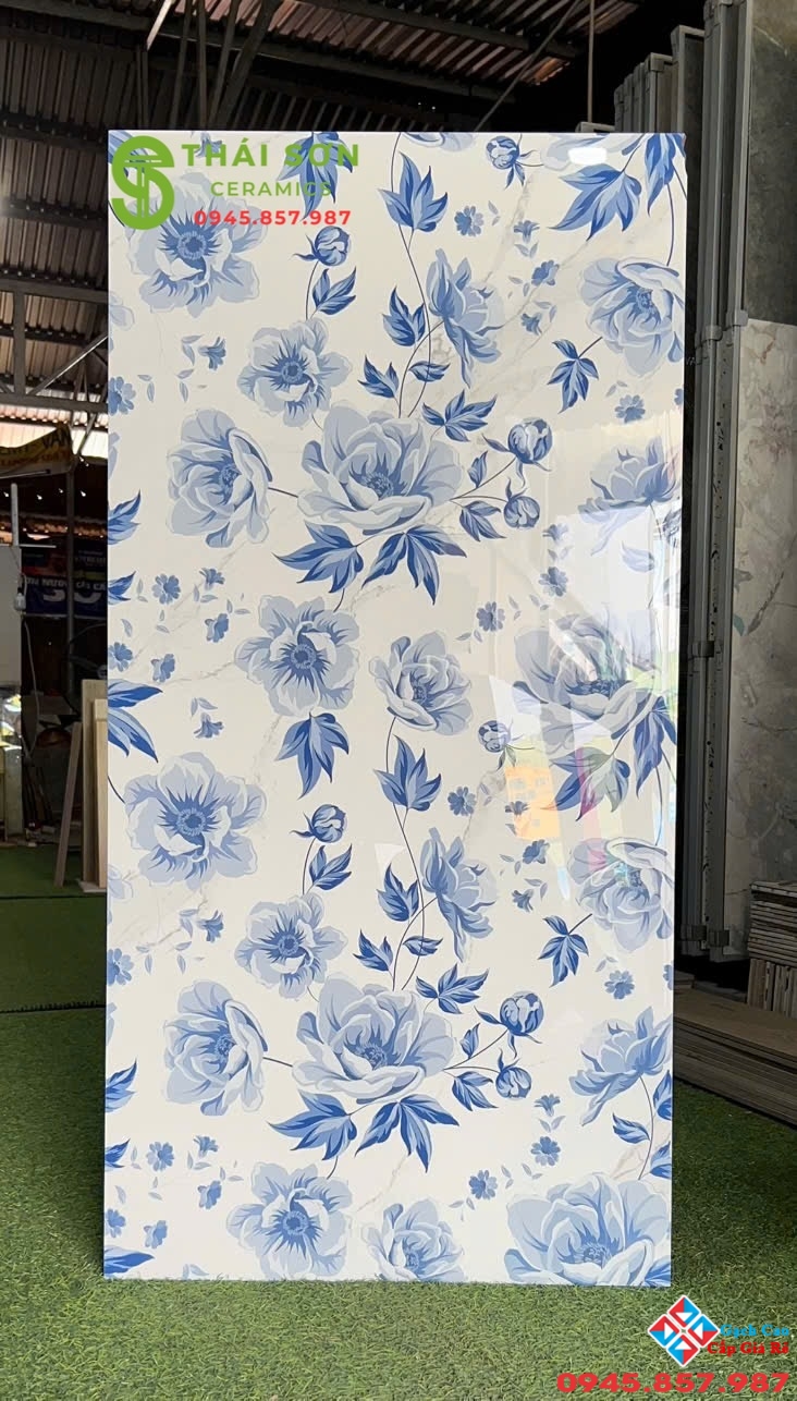 Gạch apodio siêu bóng 60x120 ốp trang trí họa tiết hoa xanh lam