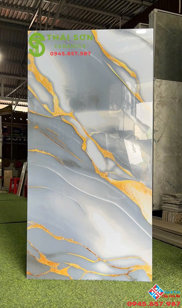 Gạch ấn độ lát nền 60x120 siêu bóng cao cấp xanh nhũ vàng