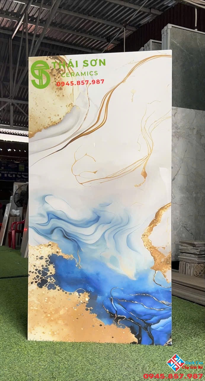 Gạch ấn độ siêu bóng 60x120 màu xanh ánh vàng