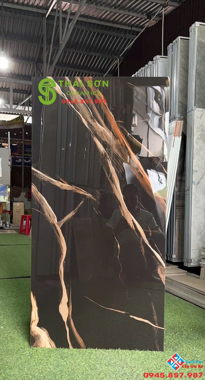 Gạch ấn độ 60x120 đen vân cam siêu bóng