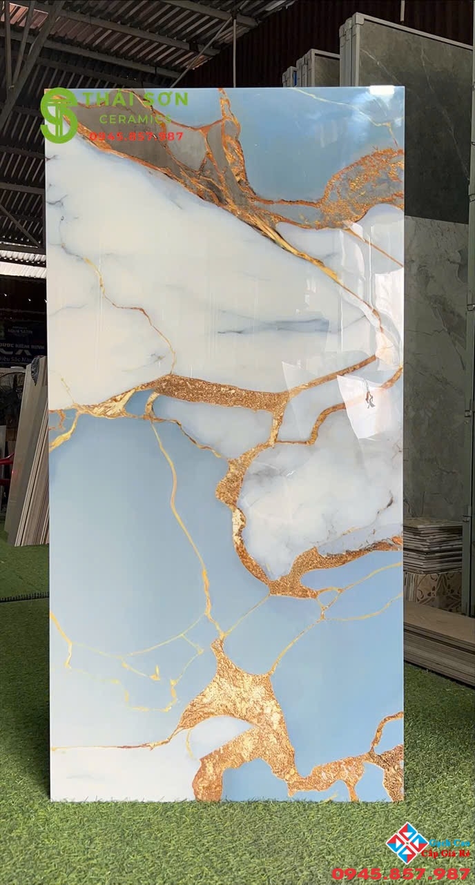 Gạch ấn độ 60x120 màu xanh vân trắng nhũ vàng