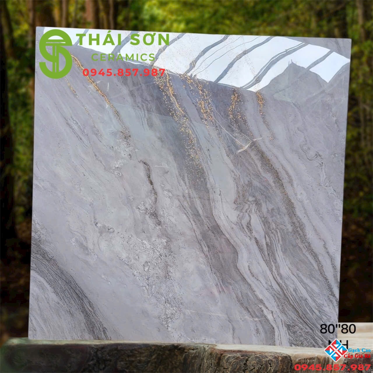 Gạch trung quốc 80x80 lát nền màu xám khắc kim vàng