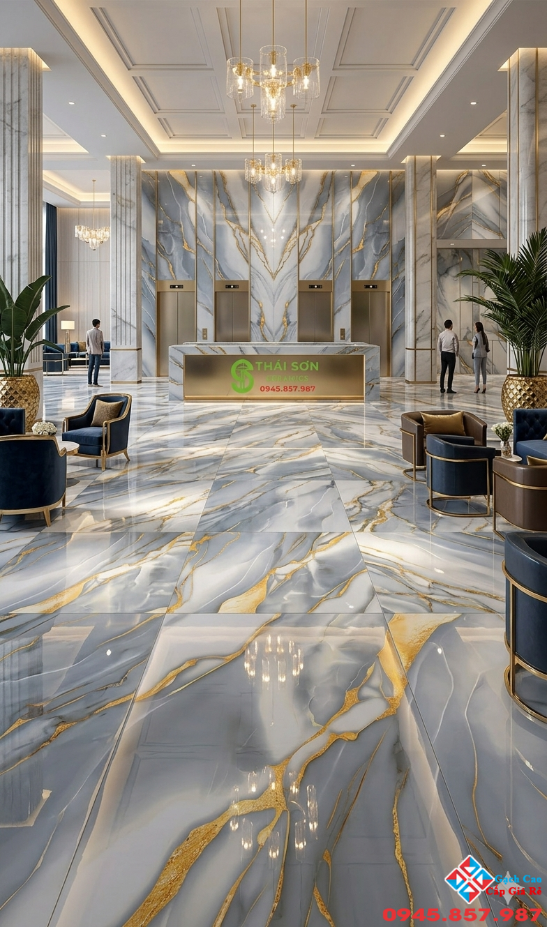 Phối cảnh gạch 60x120 vân xám xanh