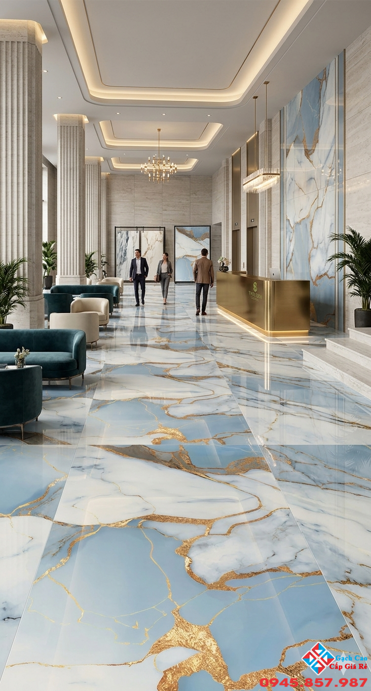 Phối cảnh gạch 60x120 xanh nhũ vàng