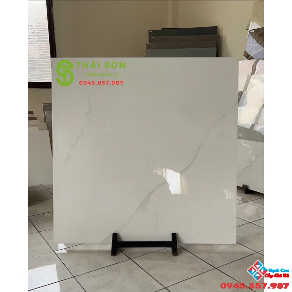 Gạch lát nền màu trắng vân xám 100x100 bóng kiếng trung quốc