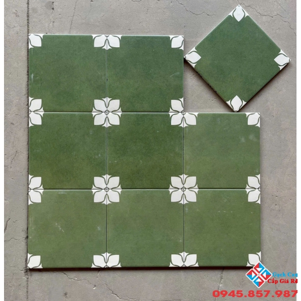 Gạch bông cổ 20x20 màu xanh rêu hoa trắng đẹp
