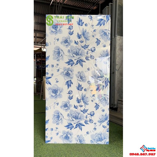 Gạch apodio siêu bóng 60x120 ốp trang trí họa tiết hoa xanh lam