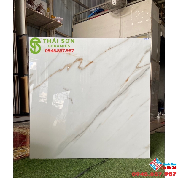 Gạch lát nền 80x80 trắng vân vàng bóng kiếng ấn độ cao cấp