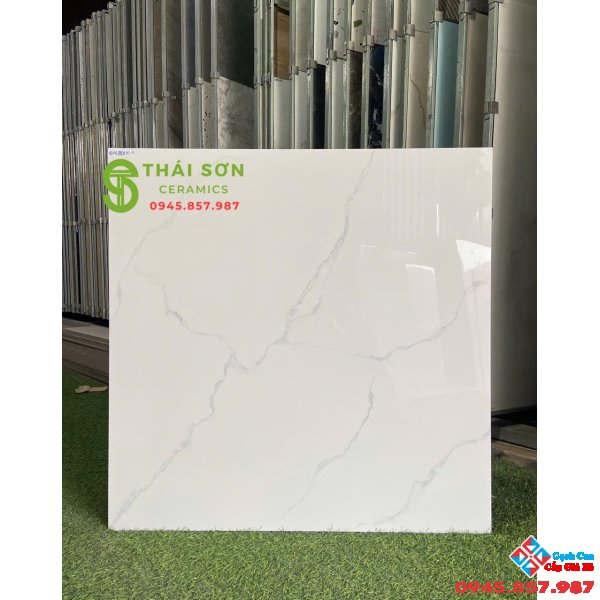 Gạch prime 80x80 màu trắng vân mây lát nền bóng kiếng