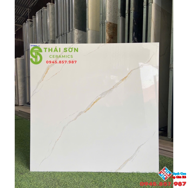 Gạch lát nền 80x80 vicenza bóng kiếng màu trắng vân vàng đẹp