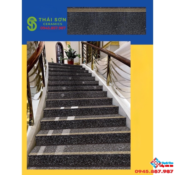 Gạch lát cầu thang 47x120 đen hoa cương khắc kim