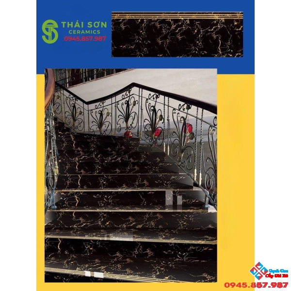 Gạch trung quốc lót cầu thang 47x120 khắc kim tông đen cam