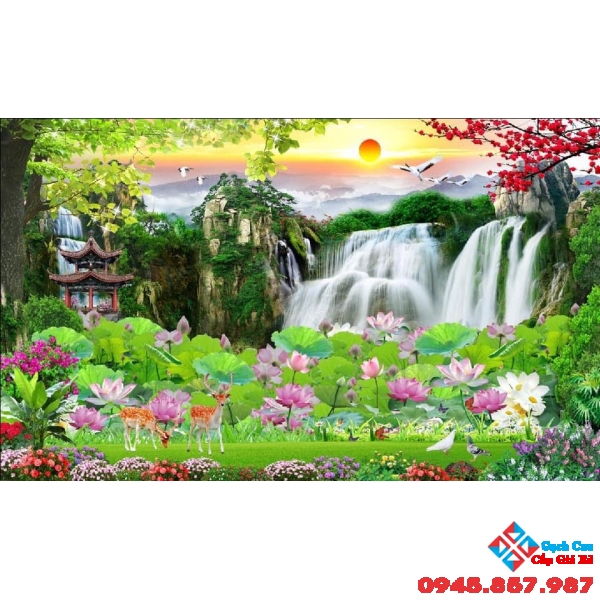 Gạch tranh 3D phong cảnh hồ sen đẹp
