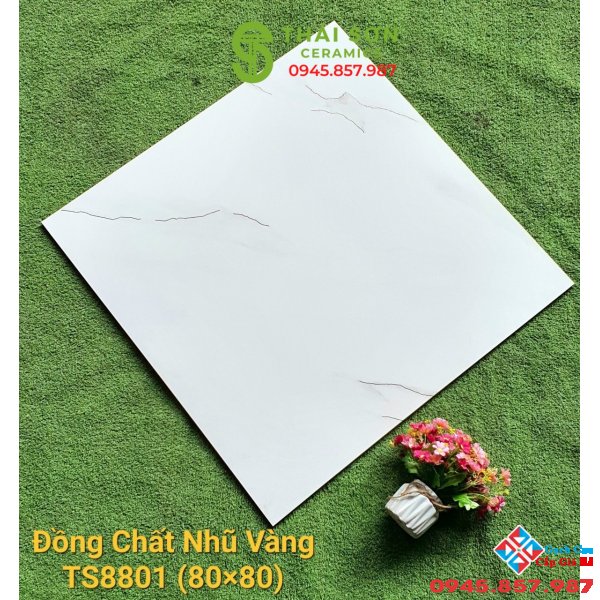 Gạch đá đồng chất khắc kim 80x80 trung quốc tông trắng