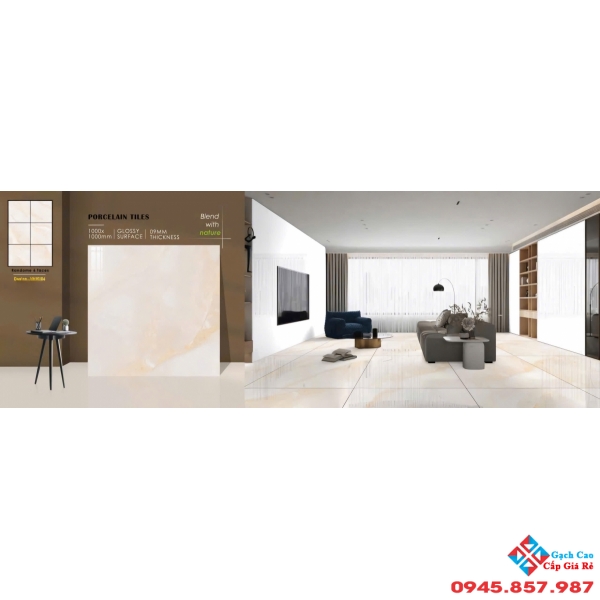 Gạch lát nền 100x100 bóng kiếng ấn độ vân đá kem vàng
