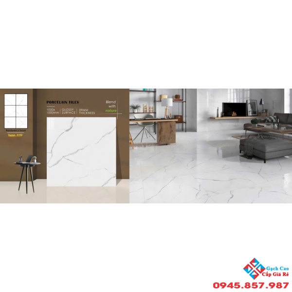 Gạch lát nền 100x100 ấn độ bóng kiếng màu trắng vân xám