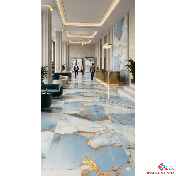 Gạch ấn độ 60x120 màu xanh vân trắng nhũ vàng